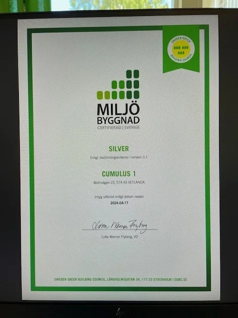 Miljöbyggnad Silver certifikat för Cumulus 1 i Vetlanda från SGBC